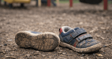 Abandoned, muddy shoes on playground