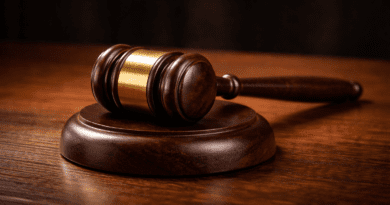 Gavel on wooden desk.