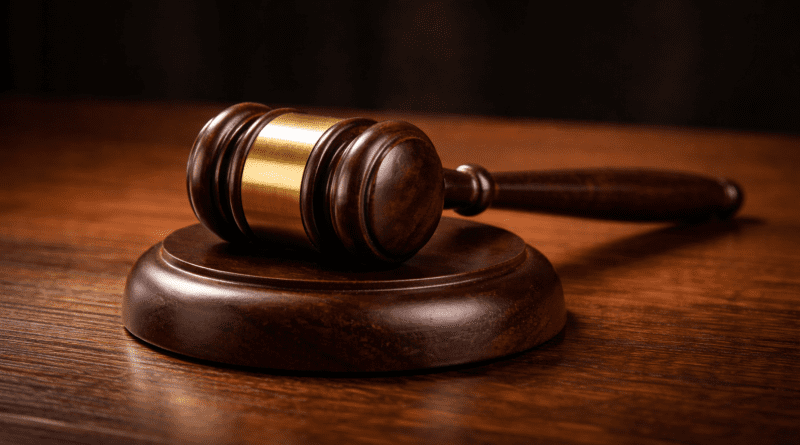 Gavel on wooden desk.