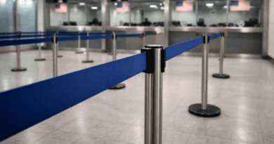 Line at customs in the airport.
