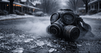 Gas mask lying in the street.