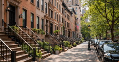 Street lined with NY apartment buildings.