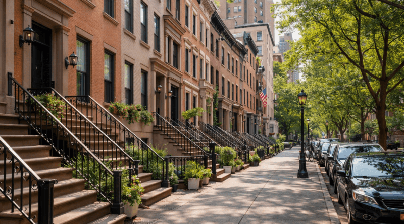 Street lined with NY apartment buildings.
