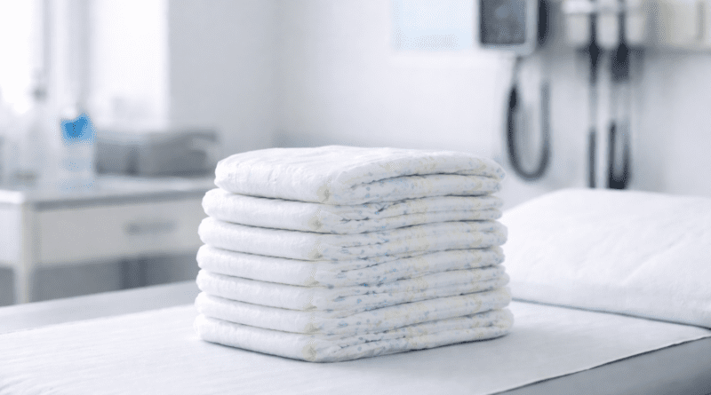 Stack of diapers on a doctor's table.