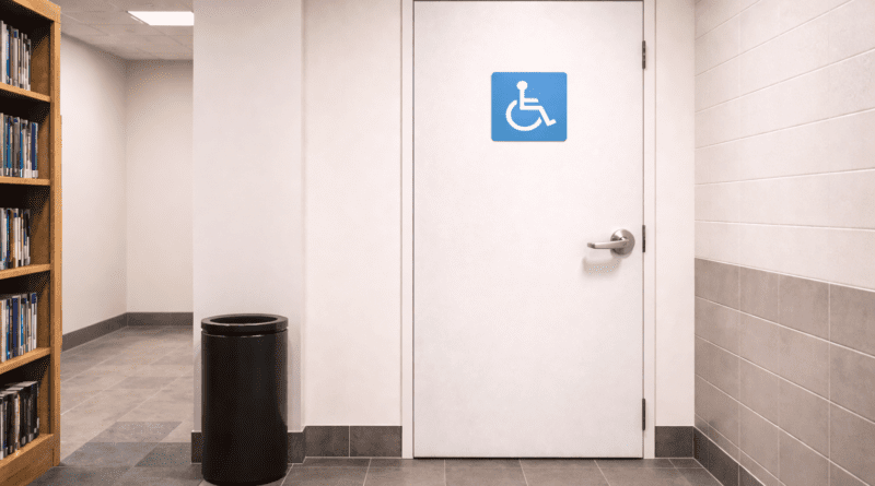 Accessible restroom door in hallway.