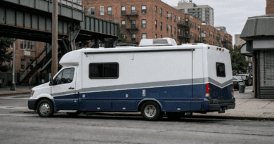 Parked van near urban buildings.