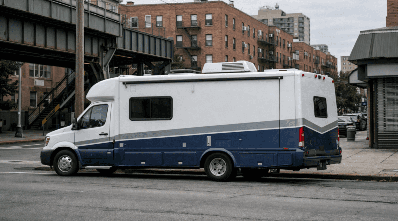 Parked van near urban buildings.