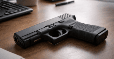 Handgun on a wooden desk