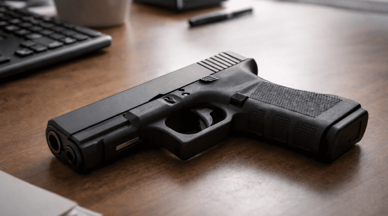 Handgun on a wooden desk