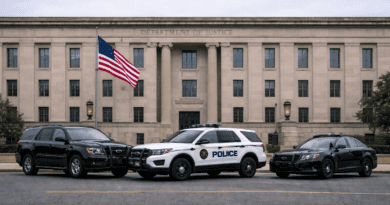 Police vehicles in front of building