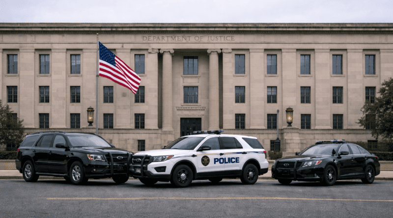 Police vehicles in front of building