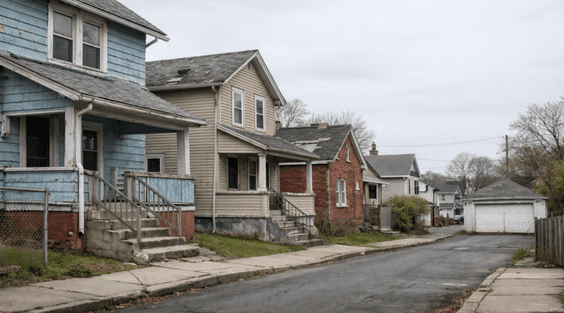 Quiet, abandoned street with houses.
