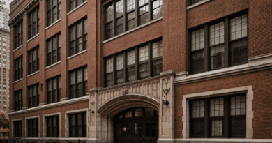 Historic brick school building with large windows