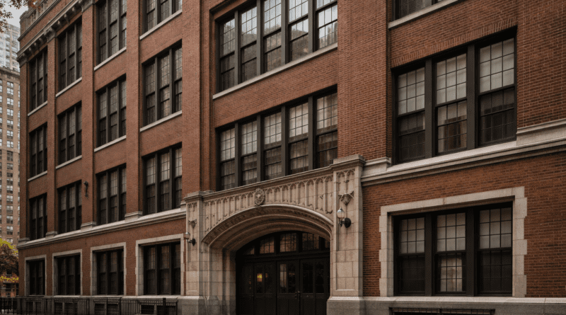 Historic brick school building with large windows