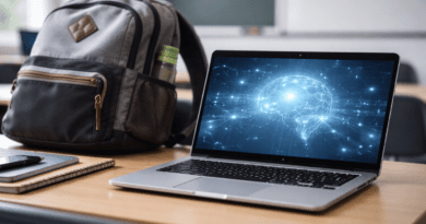 Laptop with AI brain technology graphic.