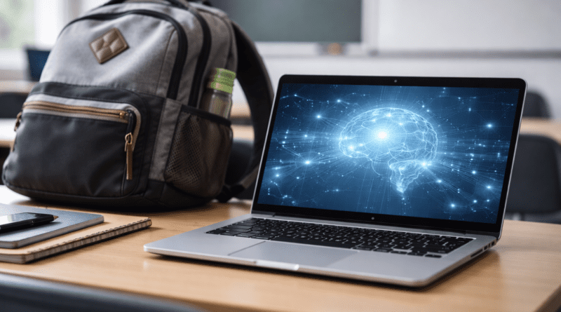 Laptop with AI brain technology graphic.