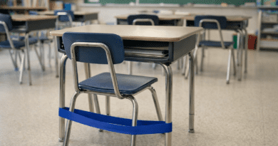 Empty classroom with a desk and chair with a bouncy band.