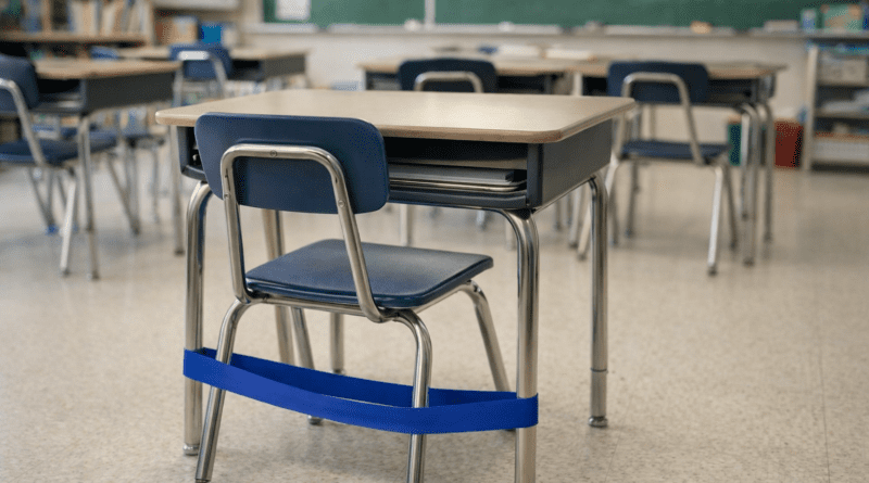 Empty classroom with a desk and chair with a bouncy band.