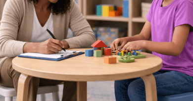 Child playing with colorful building blocks at OPWDD evaluation.