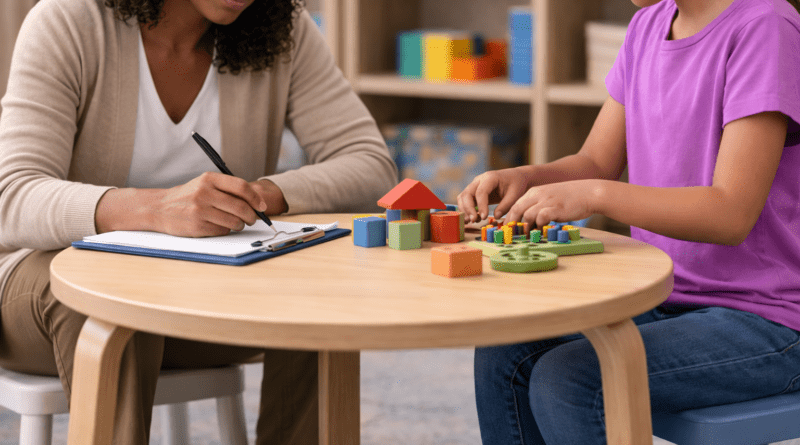 Child playing with colorful building blocks at OPWDD evaluation.