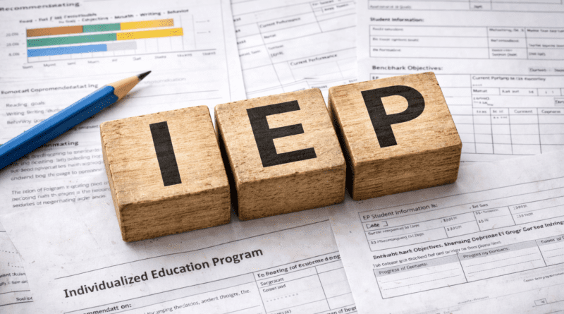 IEP documents and wooden blocks