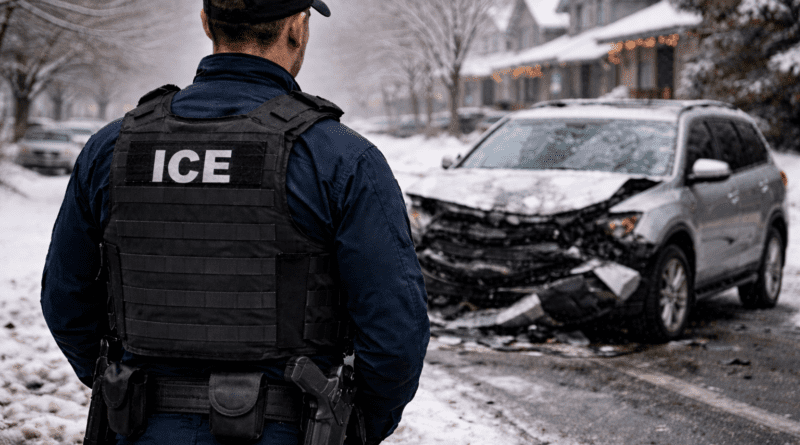 Ice agent standing in front of a totaled car.
