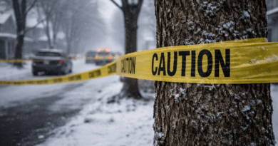 Caution tape around a tree on a snowy street.