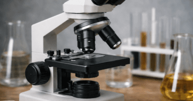 Laboratory microscope with glassware background