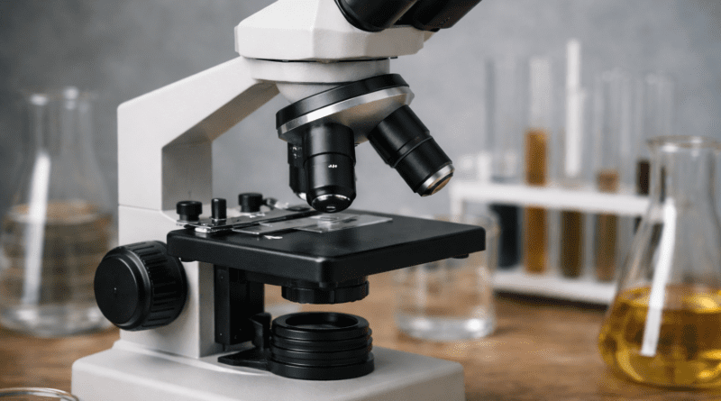 Laboratory microscope with glassware background